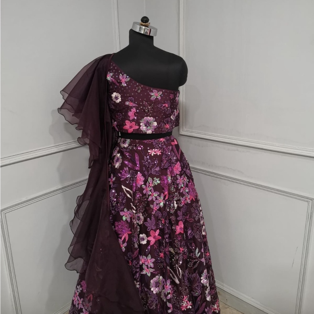 Floral One-Shoulder Gown with Sheer Overlay